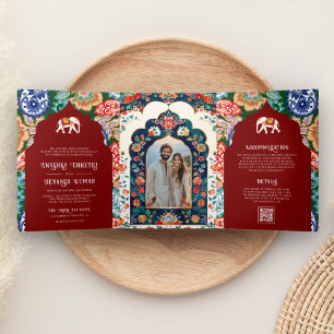 Vibrant Indian Folk Art Elephant Dark Red Wedding Tri-Fold Invitation