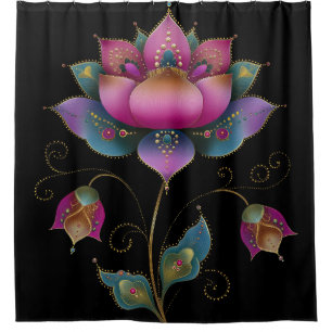 Vibrant Indian Mehndi Lotus Flower Pink Blue Gold  Shower Curtain