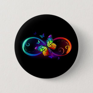 Vibrant infinity with rainbow butterfly on black 6 cm round badge