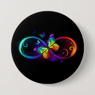 Vibrant infinity with rainbow butterfly on black 7.5 cm round badge