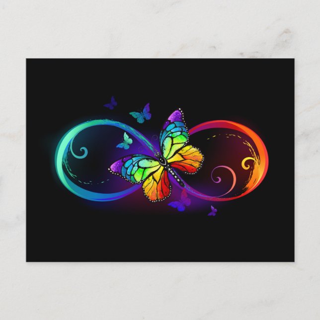 Vibrant infinity with rainbow butterfly on black advice card (Front)