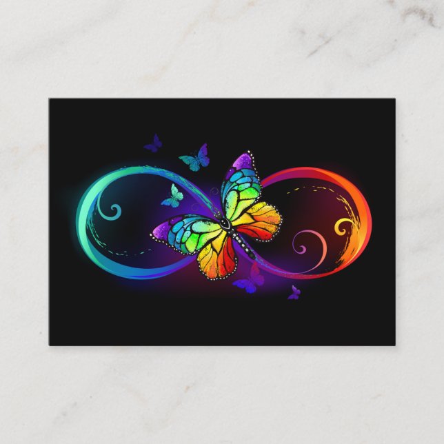 Vibrant infinity with rainbow butterfly on black appointment card (Front)