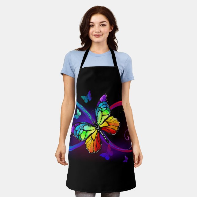 Vibrant infinity with rainbow butterfly on black apron (Worn)