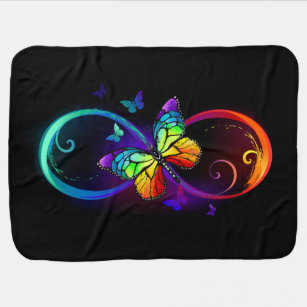 Vibrant infinity with rainbow butterfly on black baby blanket