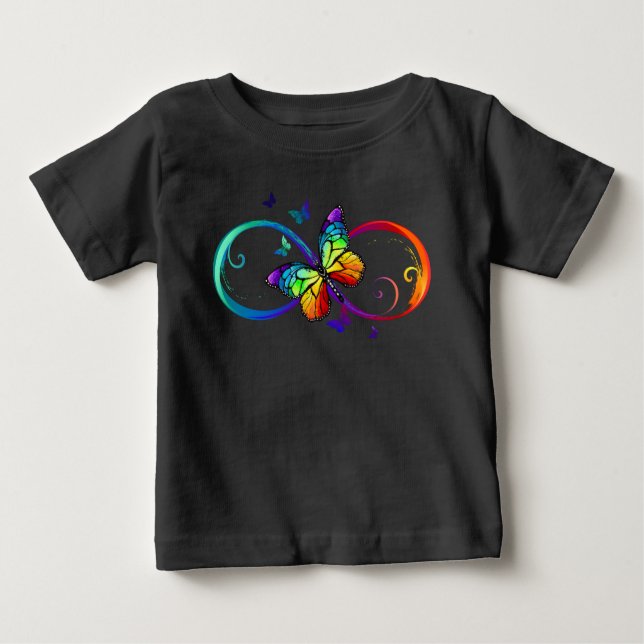 Vibrant infinity with rainbow butterfly on black baby T-Shirt (Front)
