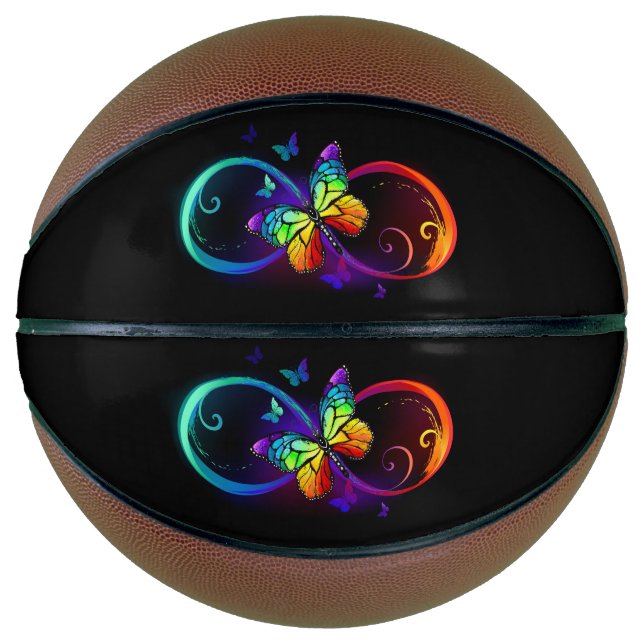 Vibrant infinity with rainbow butterfly on black basketball (Front)