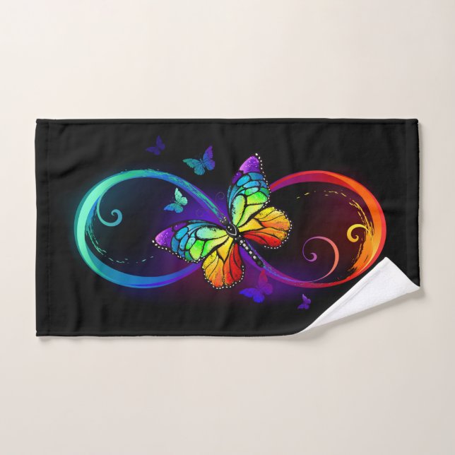 Vibrant infinity with rainbow butterfly on black bath towel set (Hand Towel)