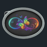 Vibrant infinity with rainbow butterfly on black belt buckle<br><div class="desc">Multicolor,  bright,  symbol of infinity with rainbow,  detailed butterfly monarch. Rainbow butterfly. Rainbow infinity.</div>