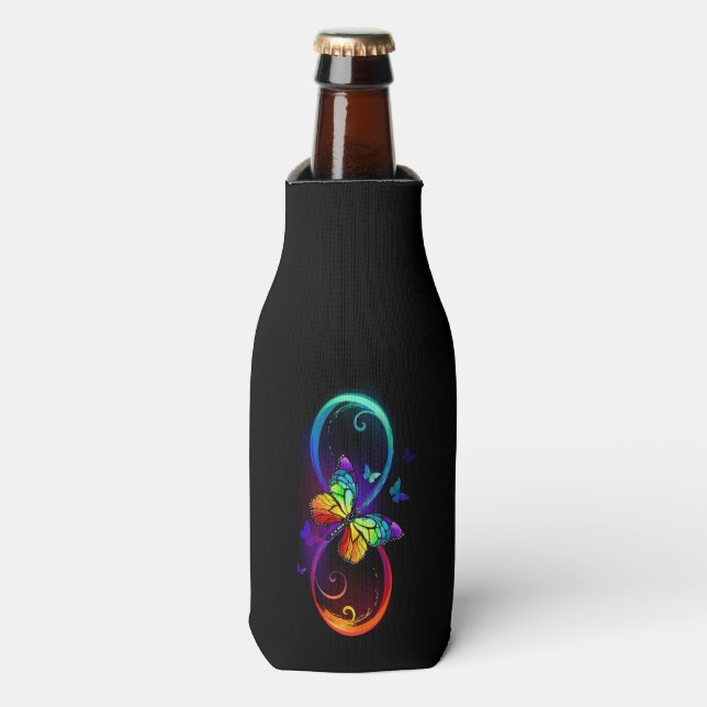 Vibrant infinity with rainbow butterfly on black  bottle cooler (Bottle Front)
