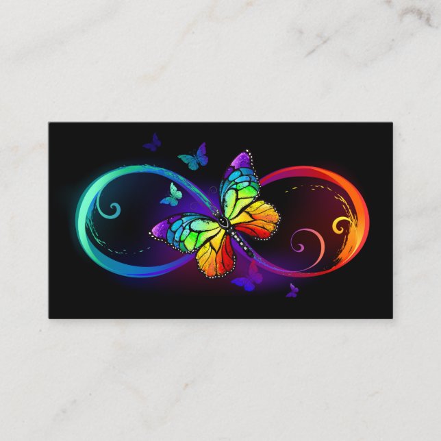Vibrant infinity with rainbow butterfly on black calling card (Front)