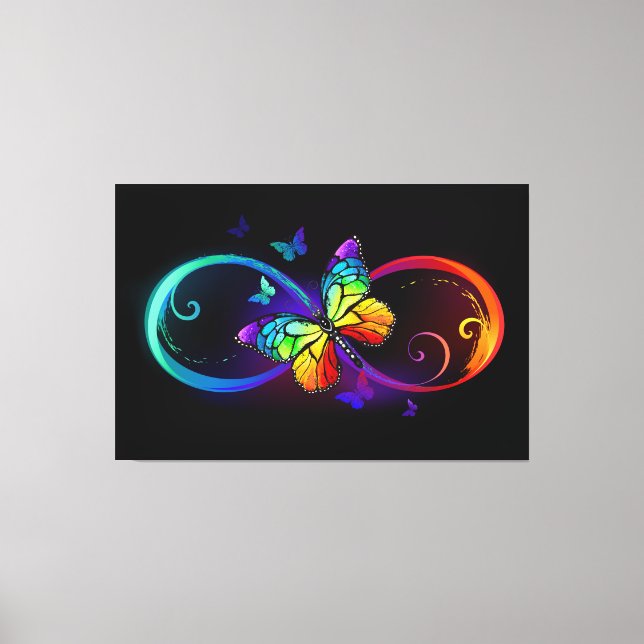 Vibrant infinity with rainbow butterfly on black canvas print (Front)