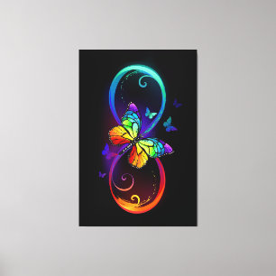 Vibrant infinity with rainbow butterfly on black canvas print