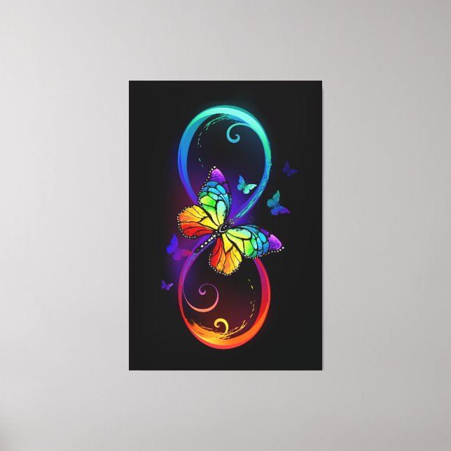 Vibrant infinity with rainbow butterfly on black canvas print (Front)