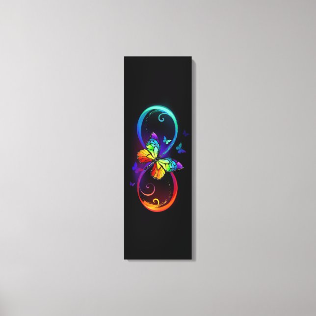 Vibrant infinity with rainbow butterfly on black canvas print (Front)