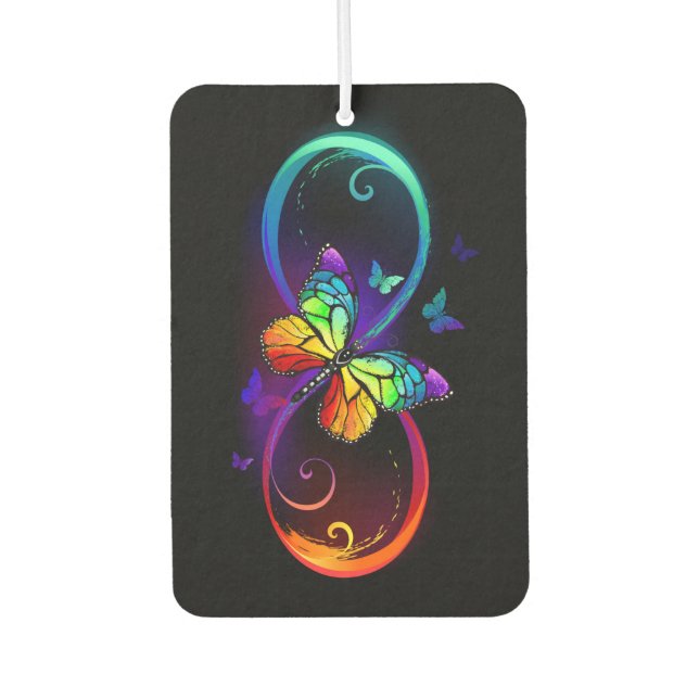Vibrant infinity with rainbow butterfly on black  car air freshener (Front)