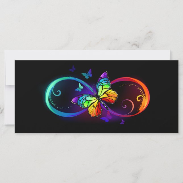 Vibrant infinity with rainbow butterfly on black card (Front)