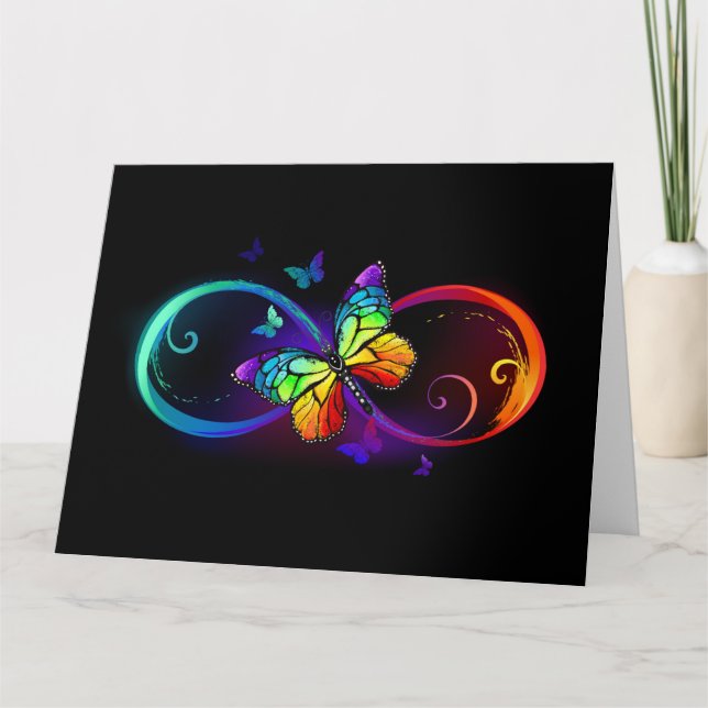 Vibrant infinity with rainbow butterfly on black  card (Front)