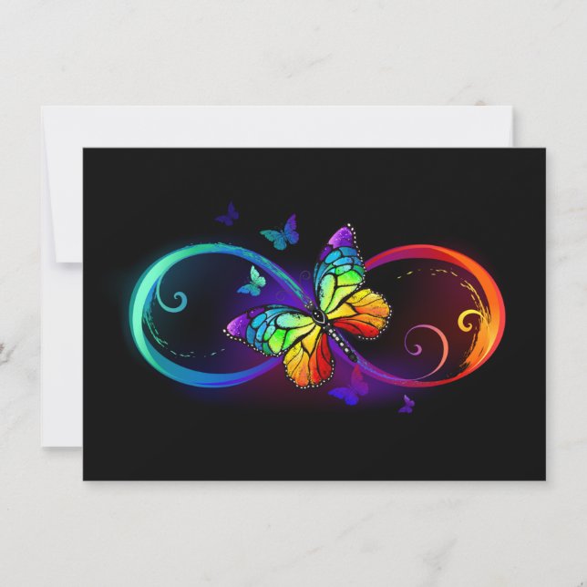 Vibrant infinity with rainbow butterfly on black card (Front)
