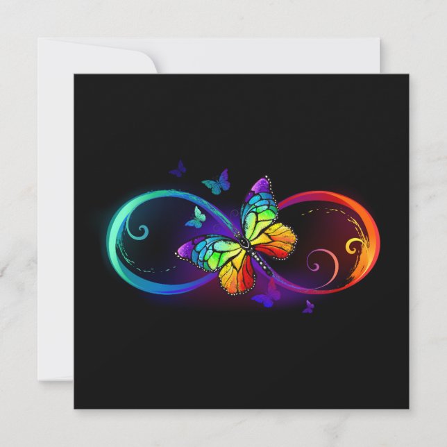 Vibrant infinity with rainbow butterfly on black card (Front)