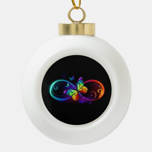Vibrant infinity with rainbow butterfly on black ceramic ball christmas ornament (Front)