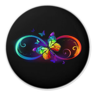 Vibrant infinity with rainbow butterfly on black  ceramic knob