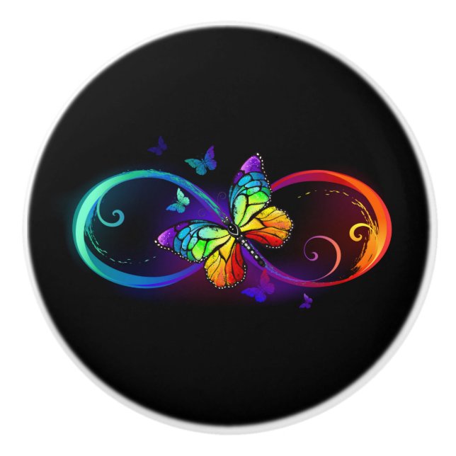 Vibrant infinity with rainbow butterfly on black  ceramic knob (Front)