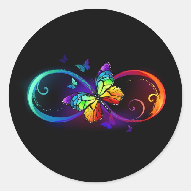 Vibrant infinity with rainbow butterfly on black classic round sticker (Front)