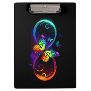 Vibrant infinity with rainbow butterfly on black clipboard