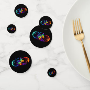 Vibrant infinity with rainbow butterfly on black confetti