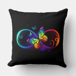 Vibrant infinity with rainbow butterfly on black cushion