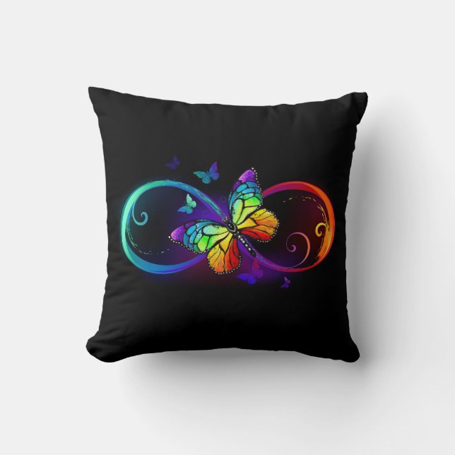 Vibrant infinity with rainbow butterfly on black cushion (Front)