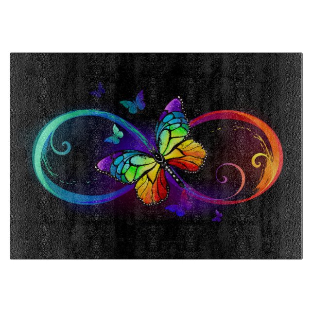 Vibrant infinity with rainbow butterfly on black cutting board (Front)