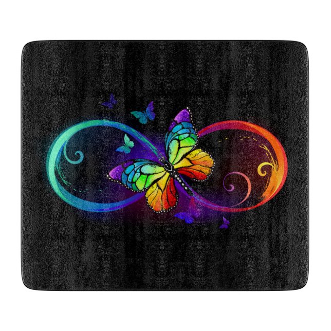Vibrant infinity with rainbow butterfly on black cutting board (Front)