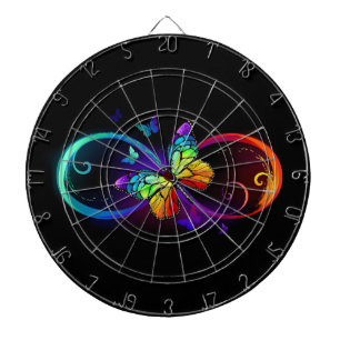 Vibrant infinity with rainbow butterfly on black dartboard