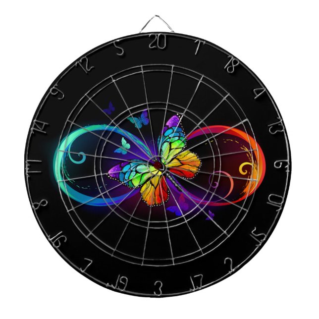 Vibrant infinity with rainbow butterfly on black  dartboard (Front)