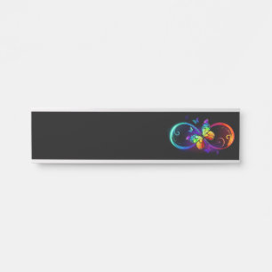 Vibrant infinity with rainbow butterfly on black door sign