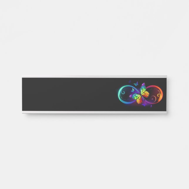 Vibrant infinity with rainbow butterfly on black door sign (Front)
