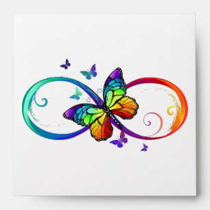 Vibrant infinity with rainbow butterfly on black envelope