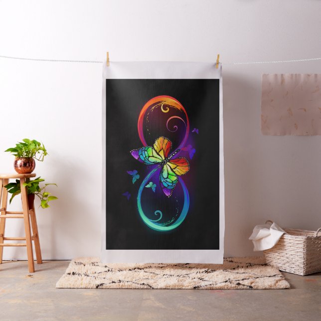 Vibrant infinity with rainbow butterfly on black fabric (In Situ)