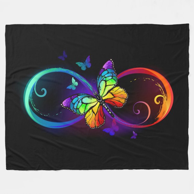 Vibrant infinity with rainbow butterfly on black fleece blanket (Front (Horizontal))