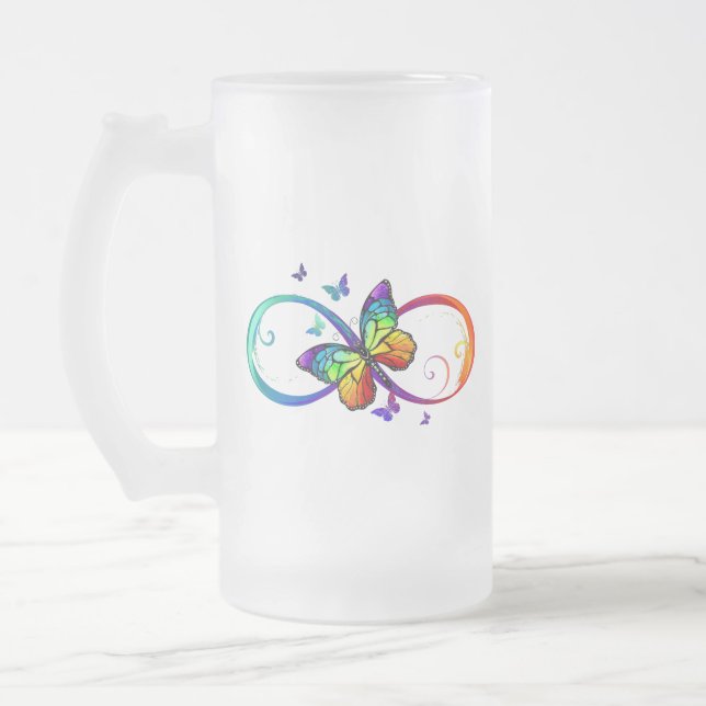 Vibrant infinity with rainbow butterfly on black frosted glass beer mug (Left)