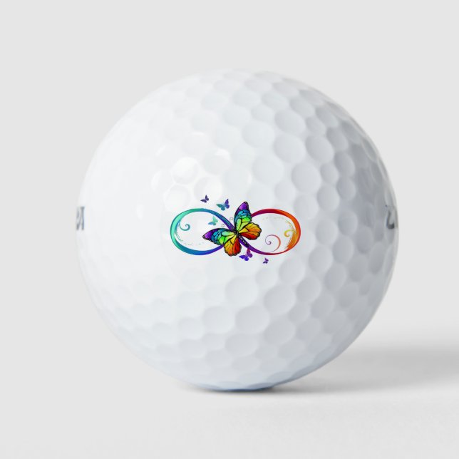 Vibrant infinity with rainbow butterfly on black golf balls (Front)