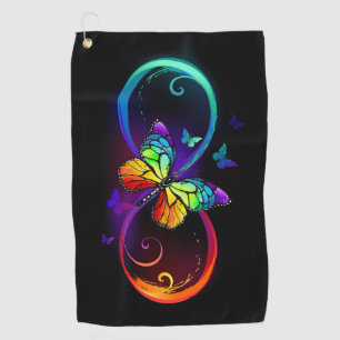Vibrant infinity with rainbow butterfly on black golf towel