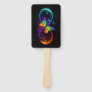 Vibrant infinity with rainbow butterfly on black hand fan