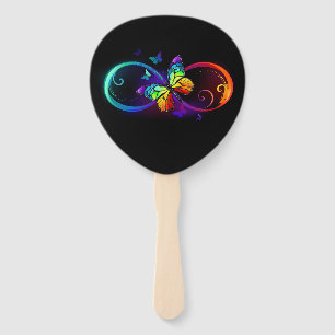 Vibrant infinity with rainbow butterfly on black hand fan
