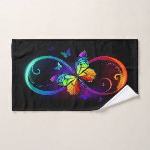 Vibrant infinity with rainbow butterfly on black hand towel