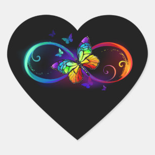 Vibrant infinity with rainbow butterfly on black heart sticker