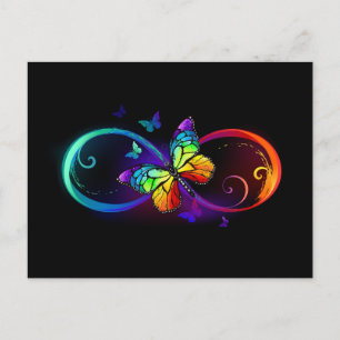 Vibrant infinity with rainbow butterfly on black holiday postcard