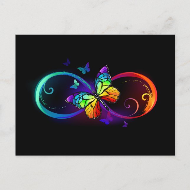 Vibrant infinity with rainbow butterfly on black holiday postcard (Front)