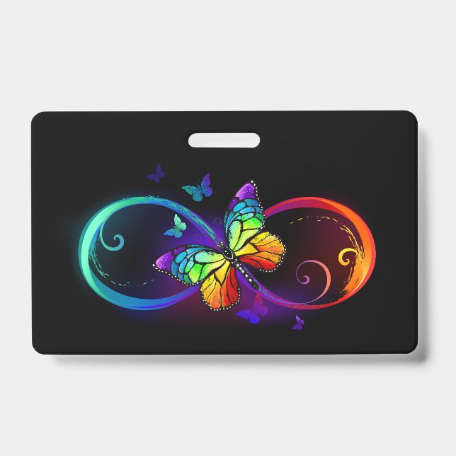 Vibrant infinity with rainbow butterfly on black ID badge (Front)